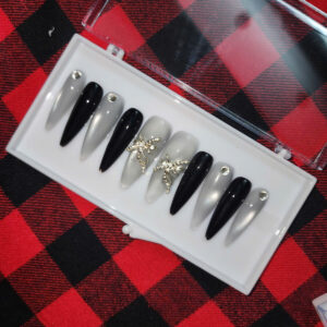 black silver press on nails with rhinestone bow | luxury stiletto fake nails | glossy glam reusable nail set