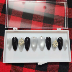 black silver press on nails with gold crest charm | luxury stiletto fake nails | gothic glam reusable nail set