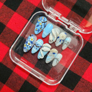 blue porcelain swan press on nails – 3d swan & floral nail set – handmade elegant fairycore nails