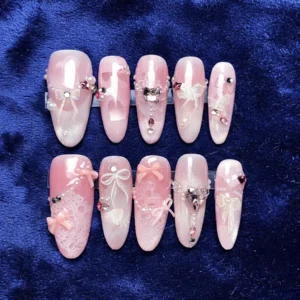 blush crystal coquette press on nails – 3d bow rhinestone luxury pink almond set