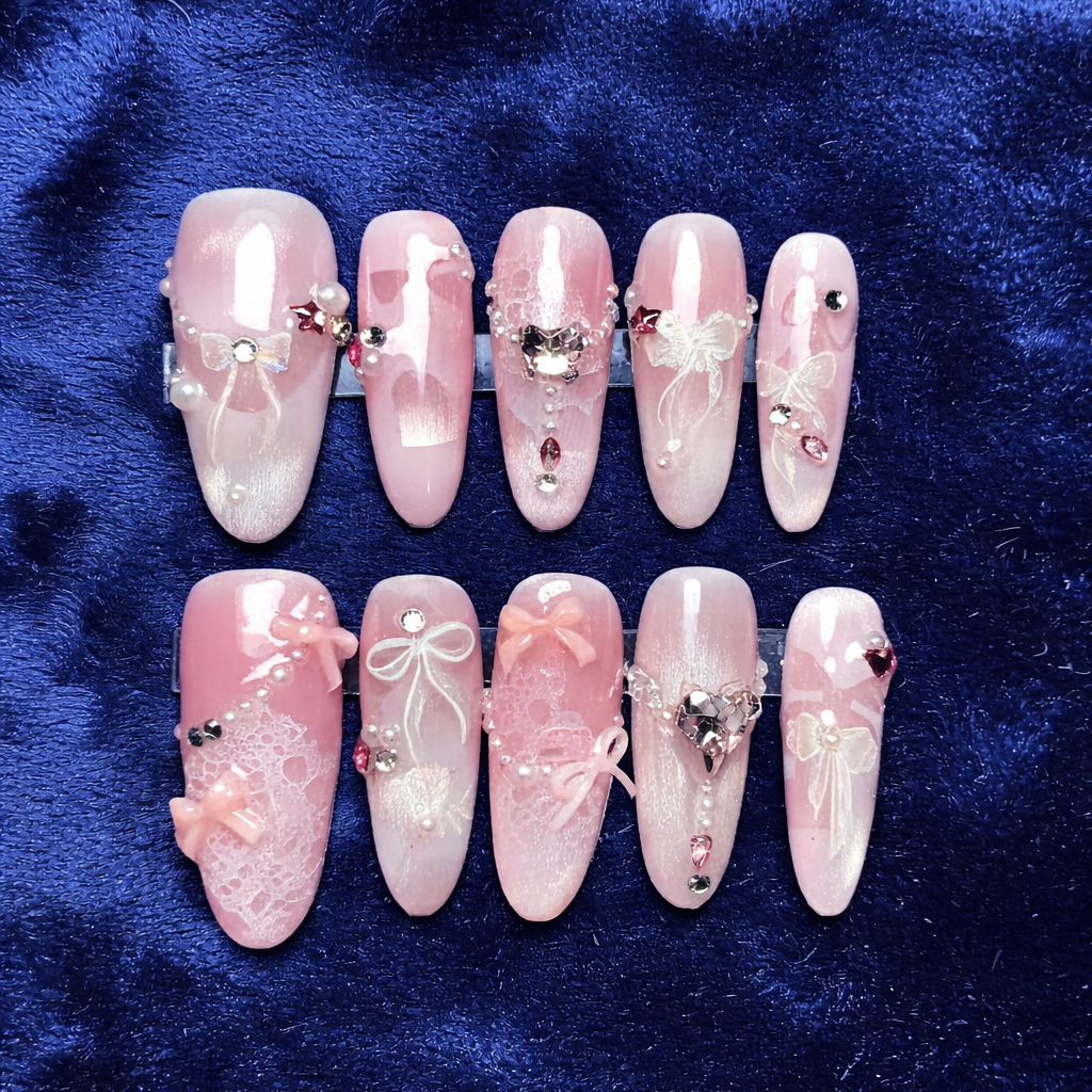 blush crystal coquette press on nails – 3d bow rhinestone luxury pink almond set