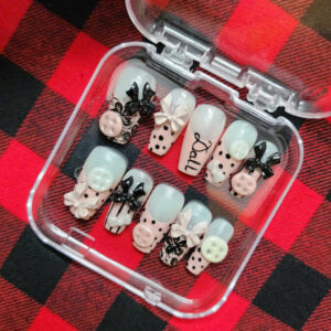 blue porcelain swan press on nails – 3d swan & floral nail set – handmade elegant fairycore nails