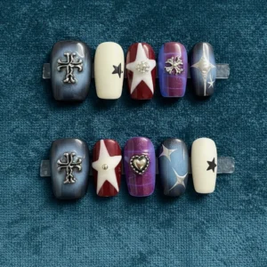 gothic star cross press on nails – y2k punk metallic statement nail