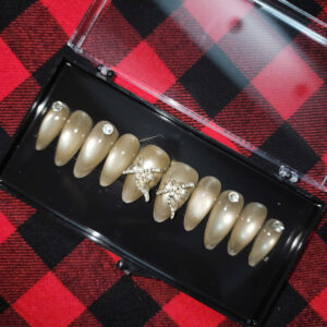 honey amber cat eye press on nails | 3d silver butterfly accents | golden nude magnetic nails | luxury handmade whimsical summer set