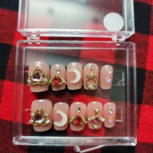 nude pink press on nails with gem charms | gothic heart cross moon nail set | reusable luxury nails