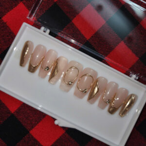 nude gold press on nails | elegant minimalist fake nails | gold line art luxury nail set | reusable glossy nails