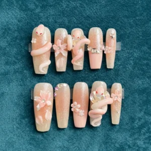peach fantasy 3d sculpted press on nails – ethereal nude glitter statement