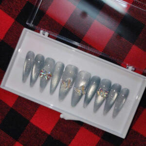 silver butterfly press on nails | frosted glitter fake nails | fairycore holographic bow nail set | reusable glam nails