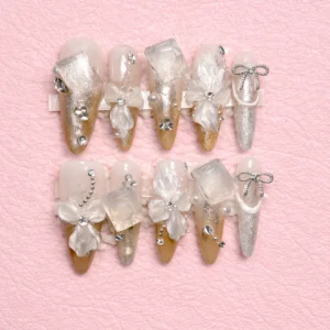 silver glam ribbon press on nails