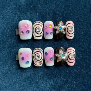 y2k star swirl press on nails – pastel gradient rhinestone statement