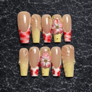 3d floral nude yellow press on nails with red marble tips
