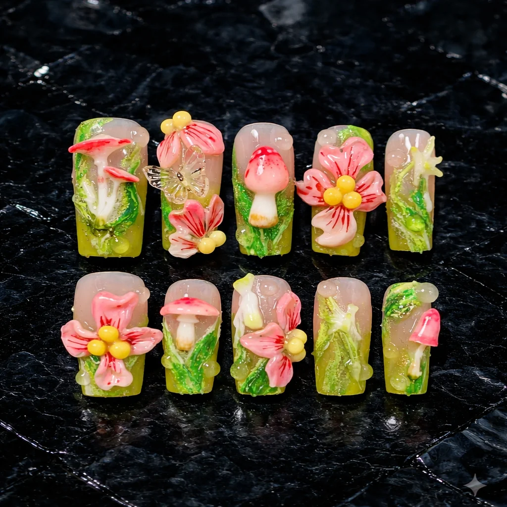 3d mushroom & flower forest gel press on nails 3d mushroom & flower forest gel press on nails