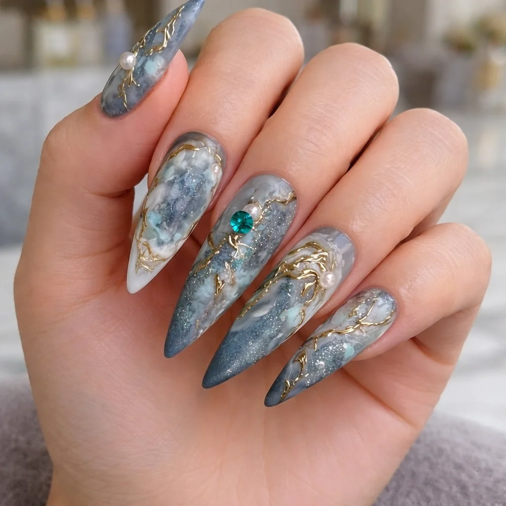blue marble gold luxury nail set