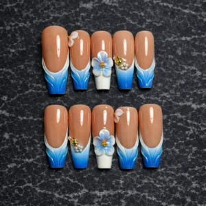 blue ombre 3d flower press on nails with elegant french tips