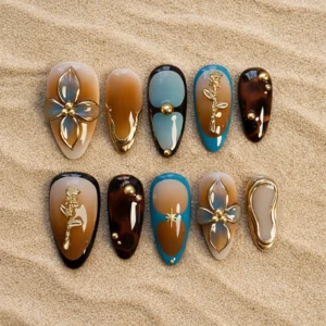 Brown Teal Gold Luxury Press On Nails