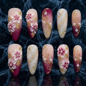 burgundy floral gold luxury nails