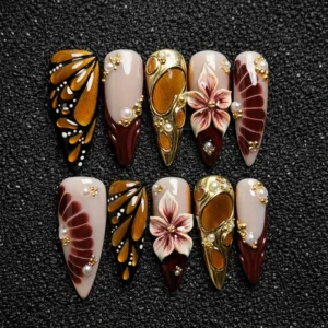 Burgundy Gold Floral Luxury Press On Nails