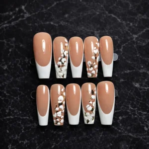 elegant nude white french tip press on nails with gold foil