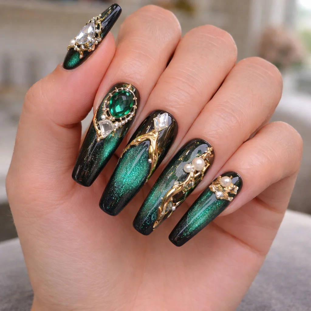 emerald chrome luxury nail art set