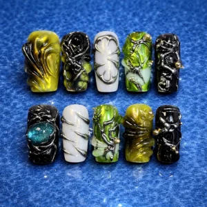 fantasy 3d gel nails – green black abstract press on