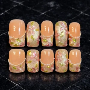 Floral Pearl Press On Nails – Elegant 3D Gel Design