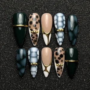 green leopard luxury press on nails with gold accents