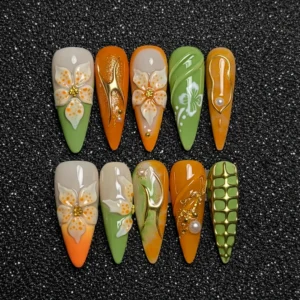 Green-Orange-Floral-Press-On-Nails
