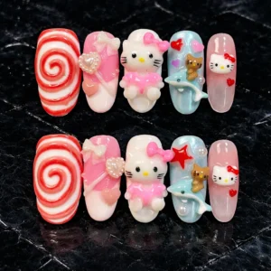kawaii 3d hello kitty & candy swirl press on nails