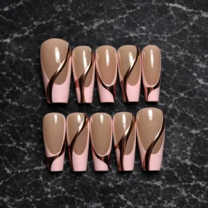 luxury nude pink chrome wave press on nails