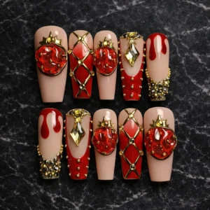 luxury red gold gemstone press on nails with 3d crystal design