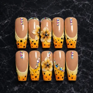 luxury yellow polka dot 3d flower press on nails