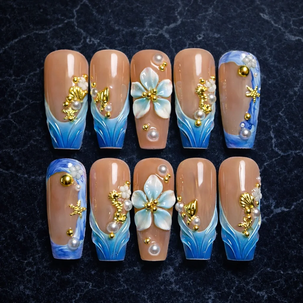 ocean blue 3d flower press on nails with gold seashell charms
