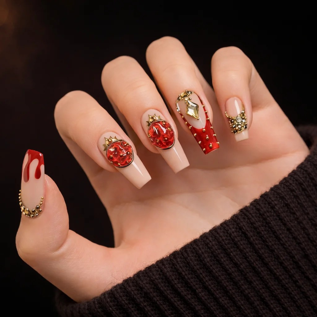 luxury red gold gemstone press on nails with 3d crystal design