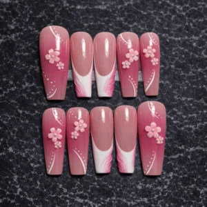 pink 3d flower press on nails with elegant french design
