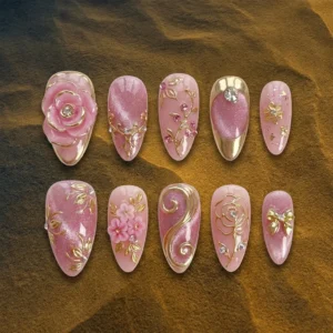 Pink-Floral-Gold-Luxury-Nail-Set
