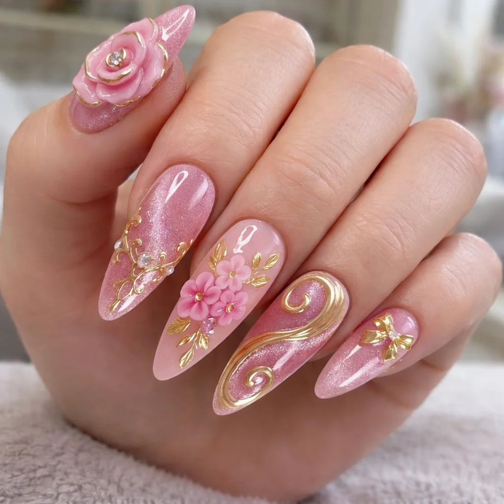 pink floral gold luxury nail set