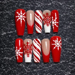 red christmas snowflake press on nails with candy cane design