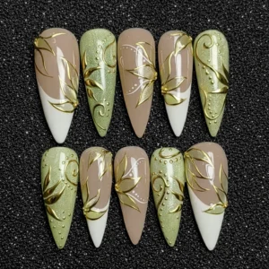 Sage Green Gold Leaf Press On Nails