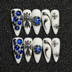 White Sapphire Chrome Press On Nails