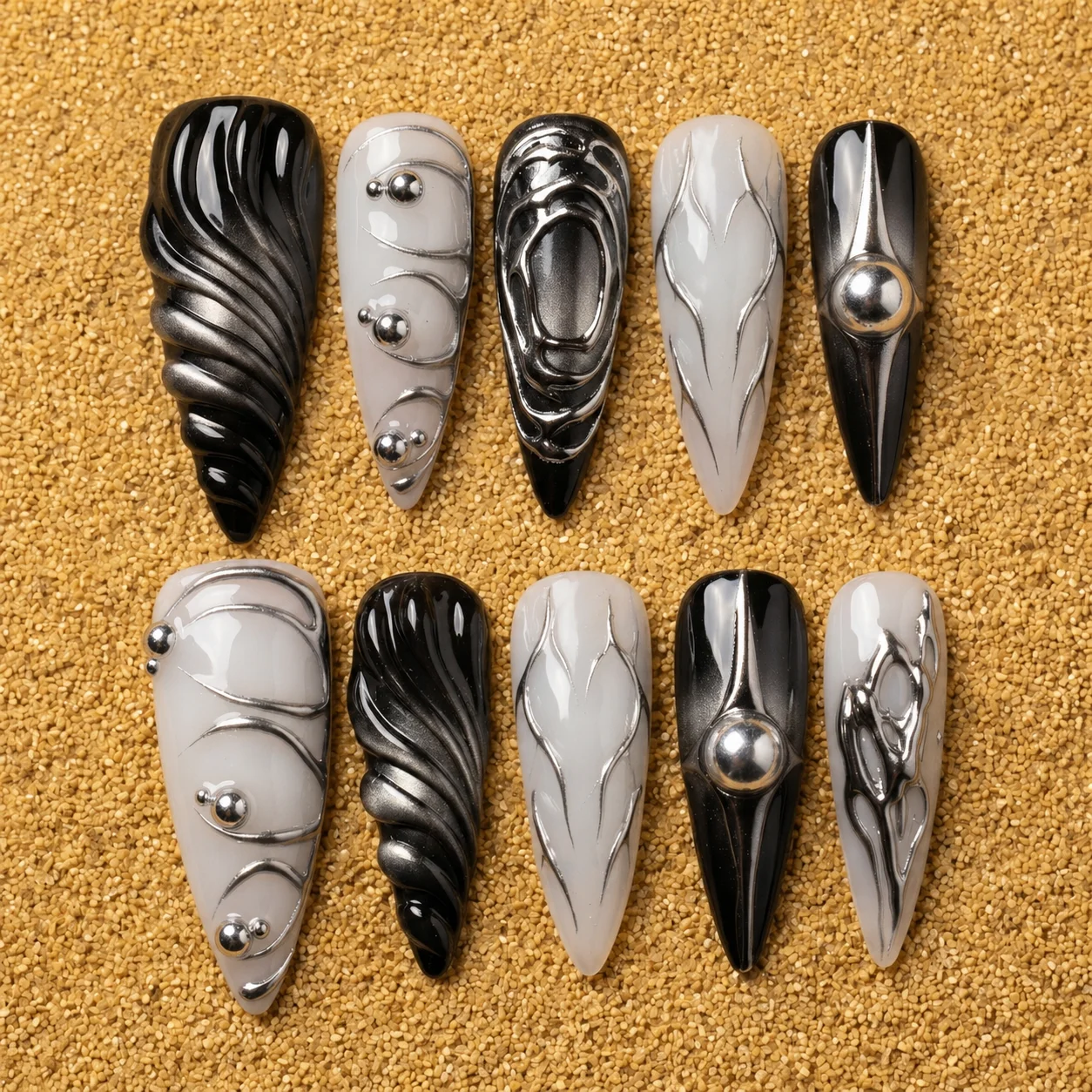 black silver 3d chrome nail set black silver 3d chrome nail set