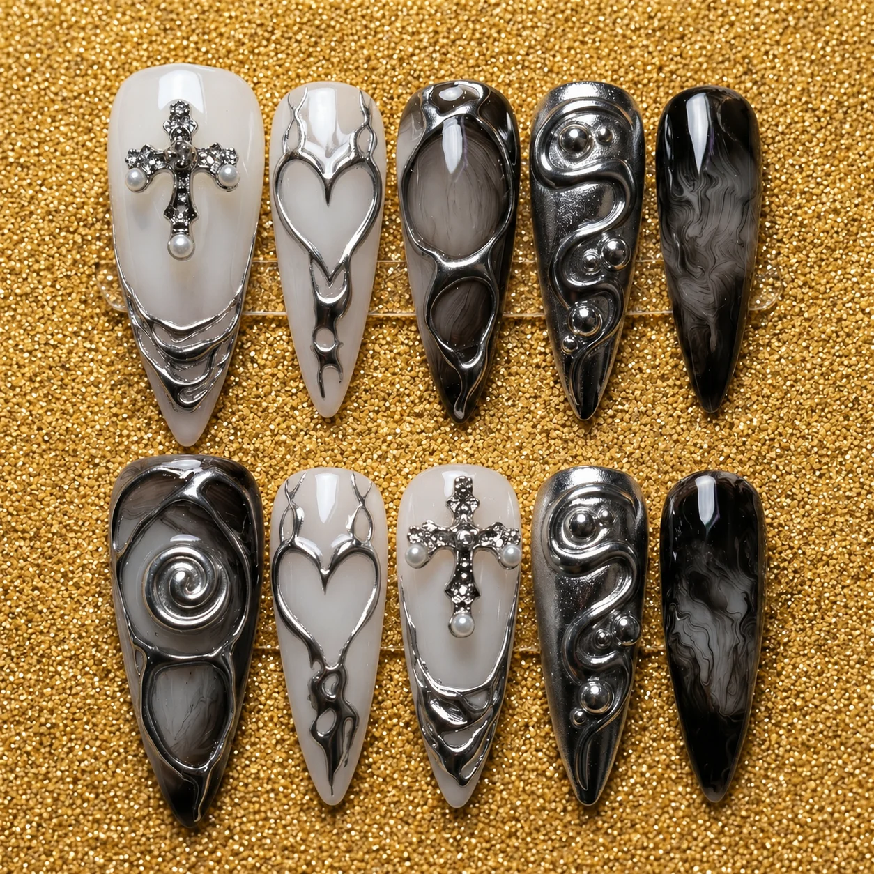 black silver gothic 3d nail set black silver gothic 3d nail set