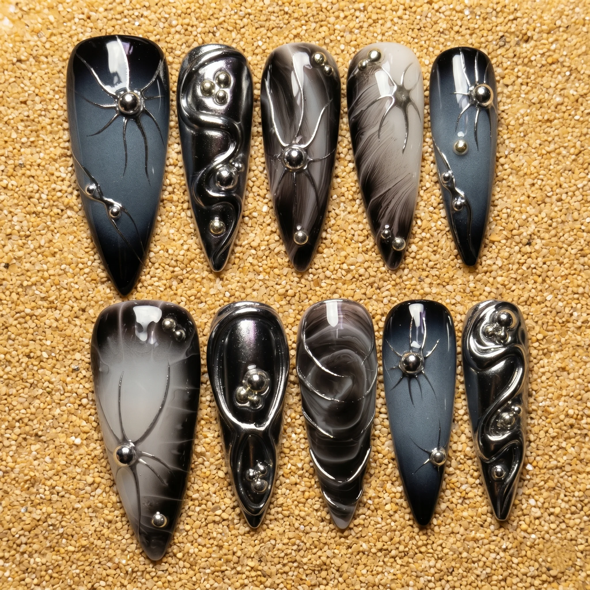 Black Smoke Chrome Orb Abstract 3D Nail Set Black Smoke Chrome Orb Abstract 3D Nail Set