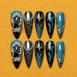 Black Teal Chrome Gothic Nail Set