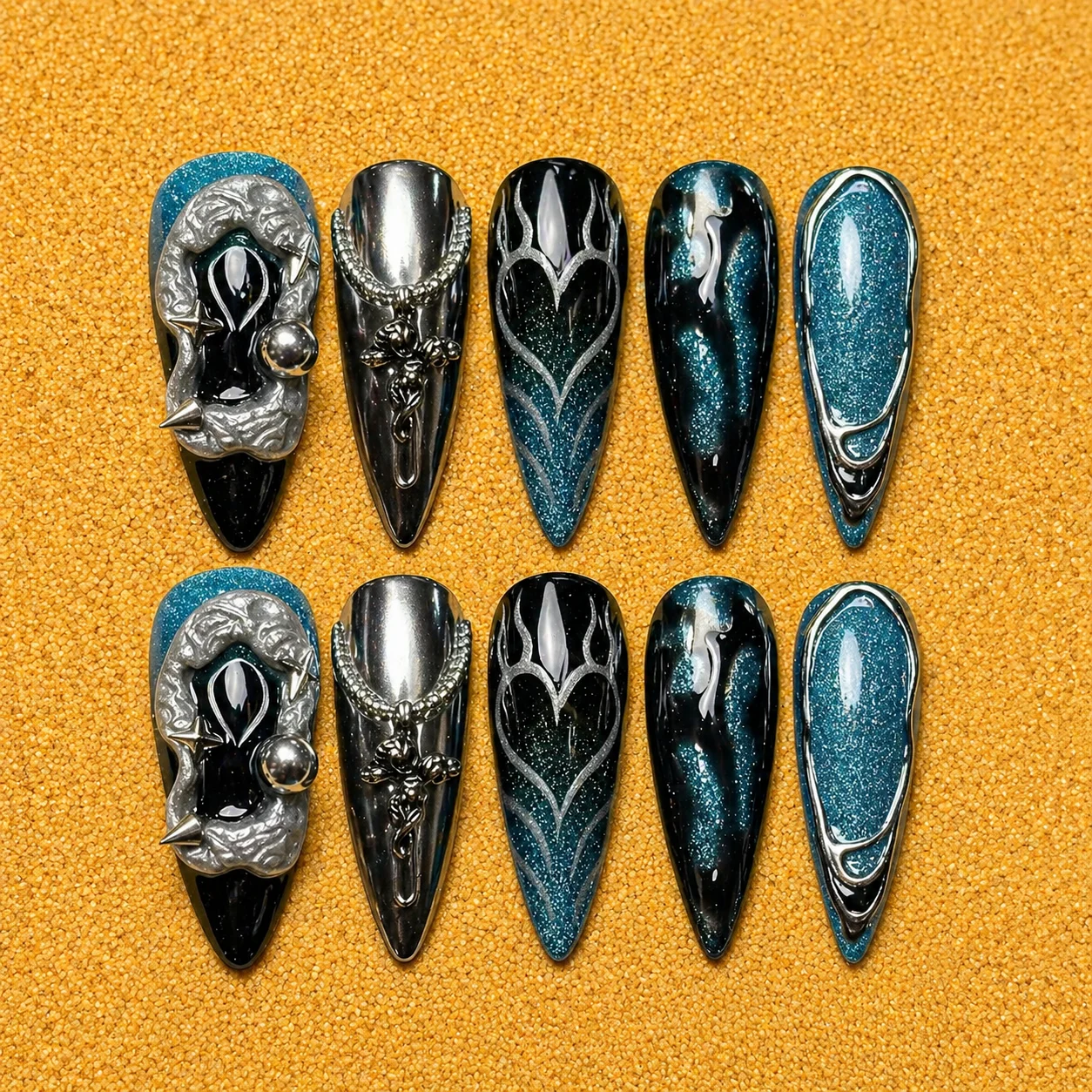 Black Teal Chrome Gothic Nail Set Black Teal Chrome Gothic Nail Set