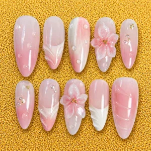 Blush Pink 3D Flower Gloss Nails