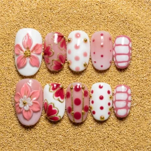 Blush Pink Floral Polka Gold Accent Nail Set