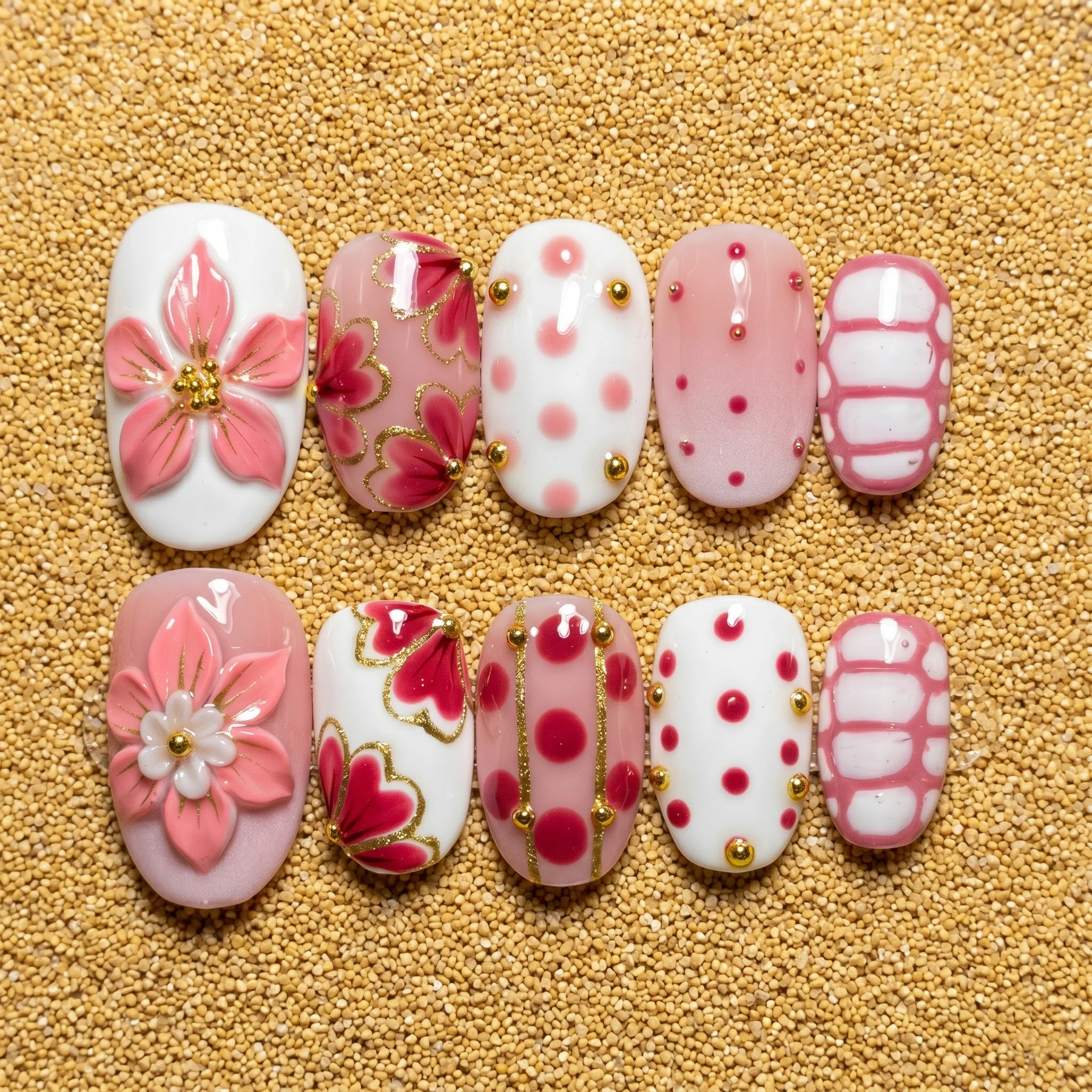 Blush Pink Floral Polka Gold Accent Nail Set Blush Pink Floral Polka Gold Accent Nail Set