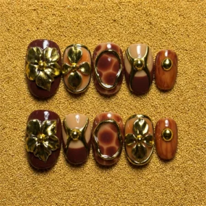 brown gold 3d floral nail set