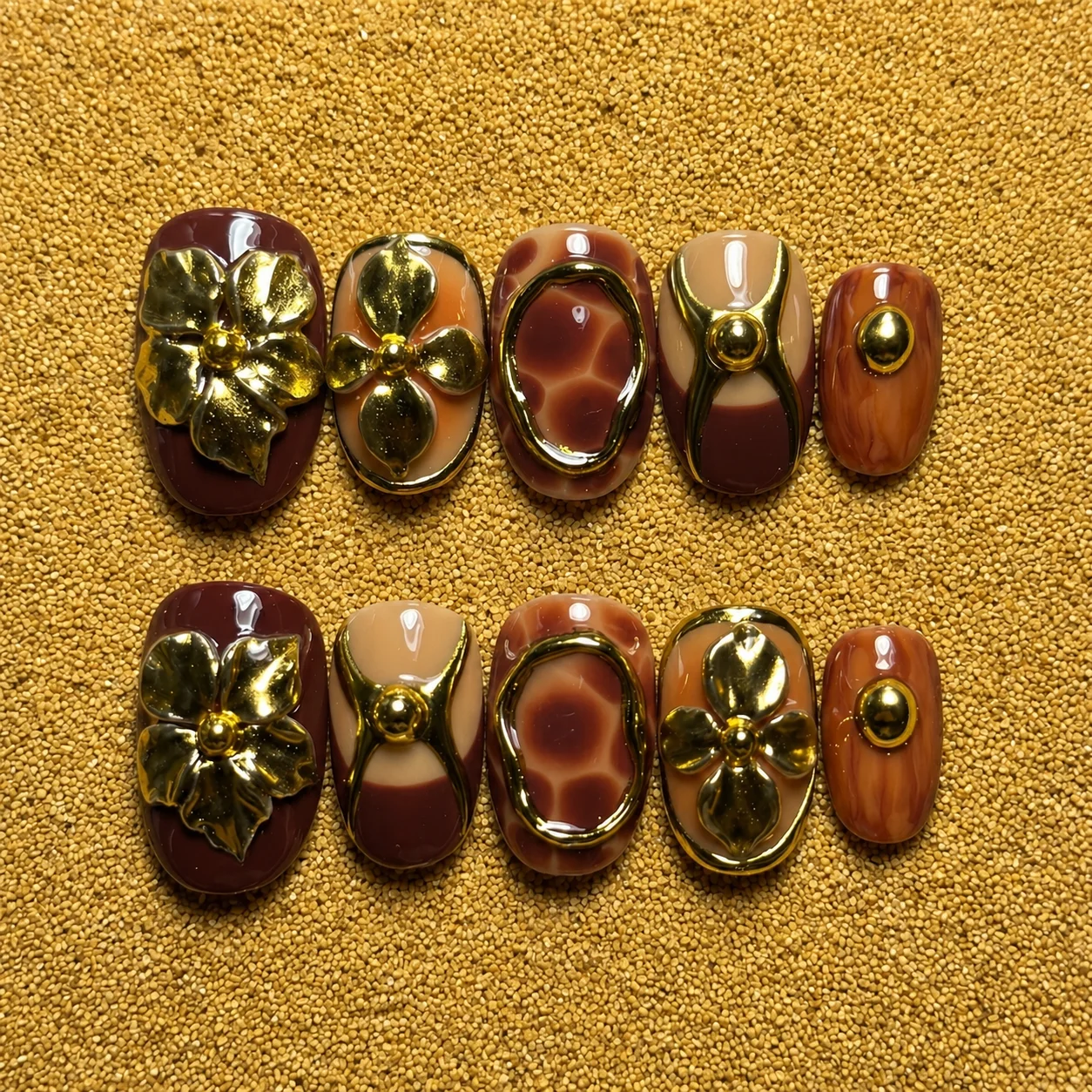 brown gold 3d floral nail set brown gold 3d floral nail set
