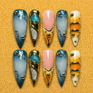 chrome gold gradient 3d nail set